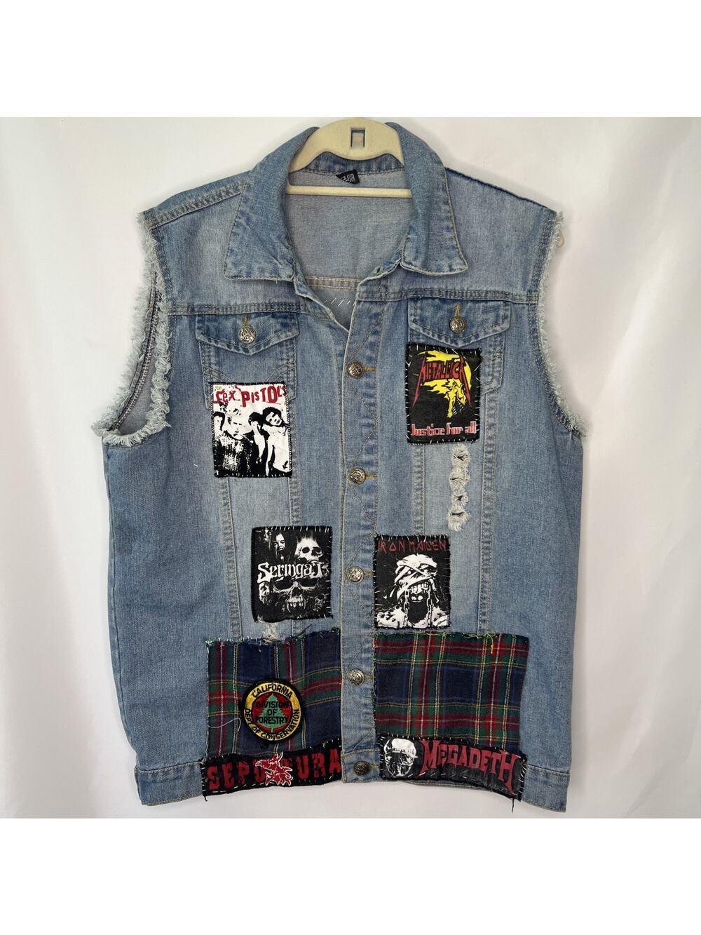 80s Metal Denim Vest Personal Used Vest All Stitched Patches Punk